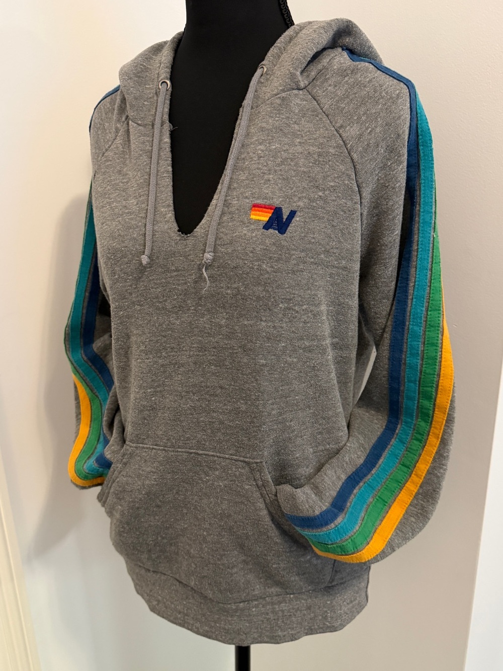 Aviator Nation - Heather Gray Hoodie - Rainbow Stripe Sleeves - Women’s Small - Picture 9 of 10